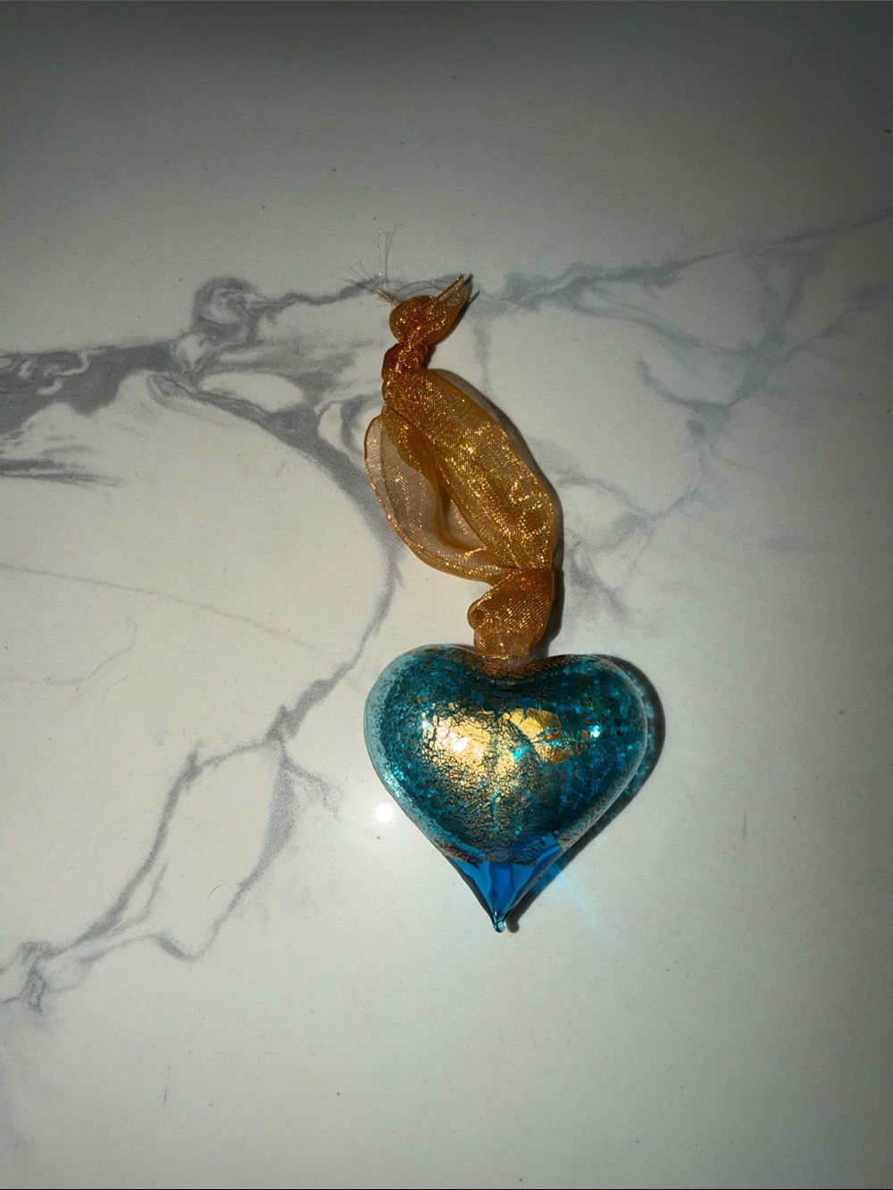 Murano Blue Hand-Blown Glass Heart Ornament with Macchia & 24 KT Gold Patina